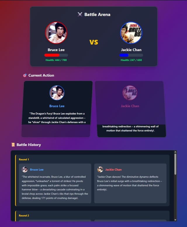 Screenshot showing the Battle happening round by round.